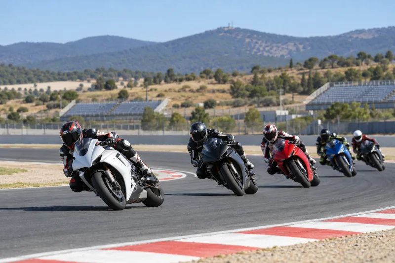 Grupo de motocicletas deportivas sin marcas en una curva de circuito, en una imagen ilustrativa que no representa la carrera de Jerez.