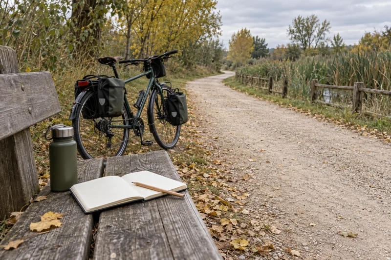 Cuaderno abierto y lápiz sobre un banco junto a una bicicleta con alforjas y un camino entre árboles